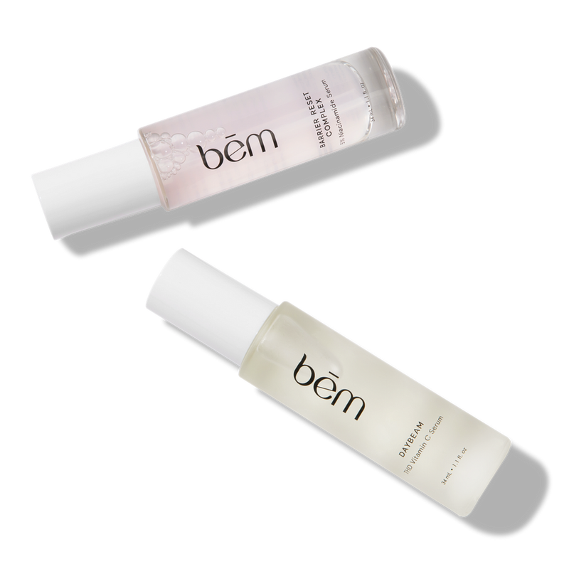 Two Bēm Skincare serum bottles on a white background