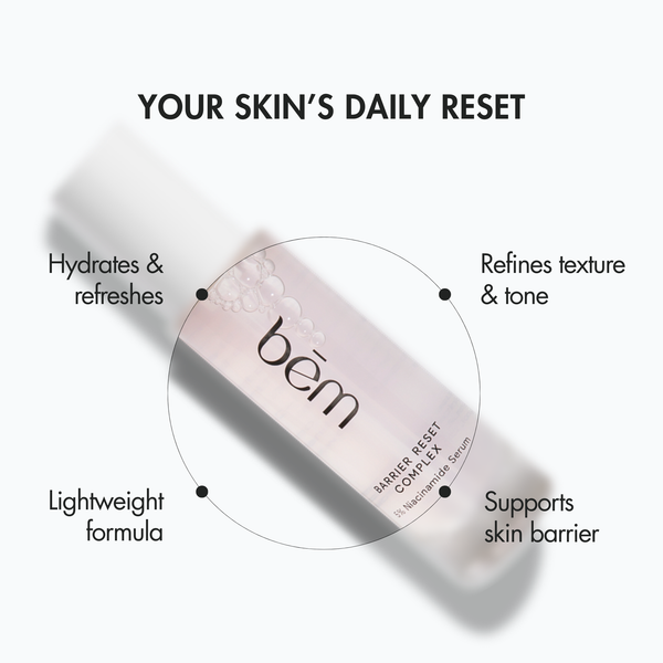 Bēm's Barrier Reset Complex serum bottle with text highlighting benefits on a white background