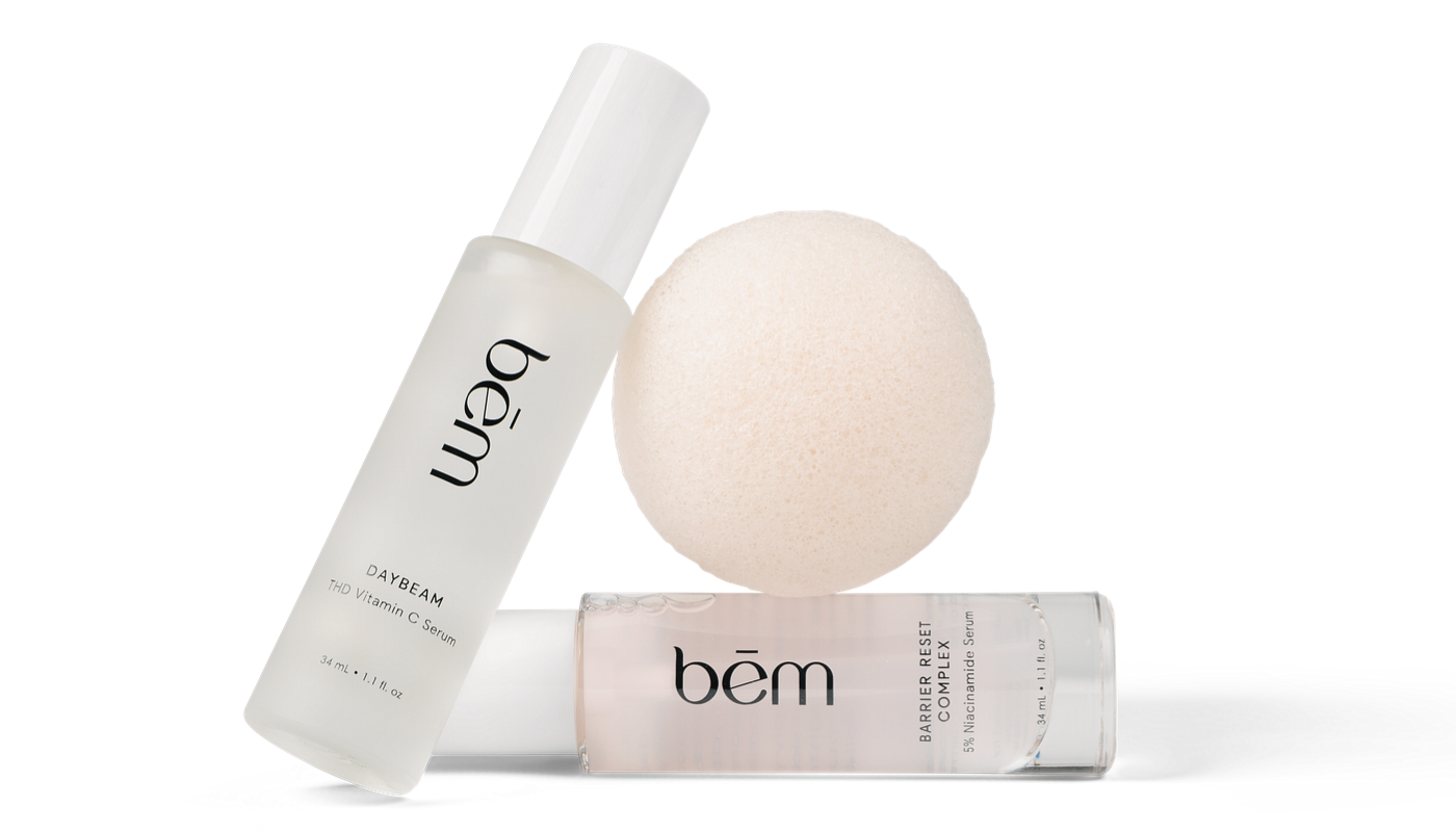 Bēm Skincare products including serums and a konjac facial sponge