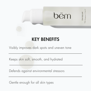 Daybeam vitamin c serum bottle above key benefits listed on a light background