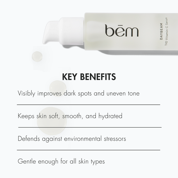 Daybeam vitamin c serum bottle above key benefits listed on a light background