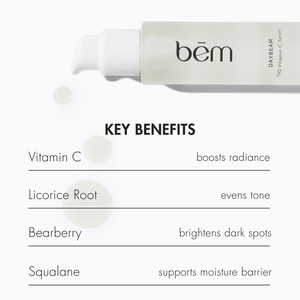 Bēm's Daybeam serum bottle with key benefits listed on a neutral background