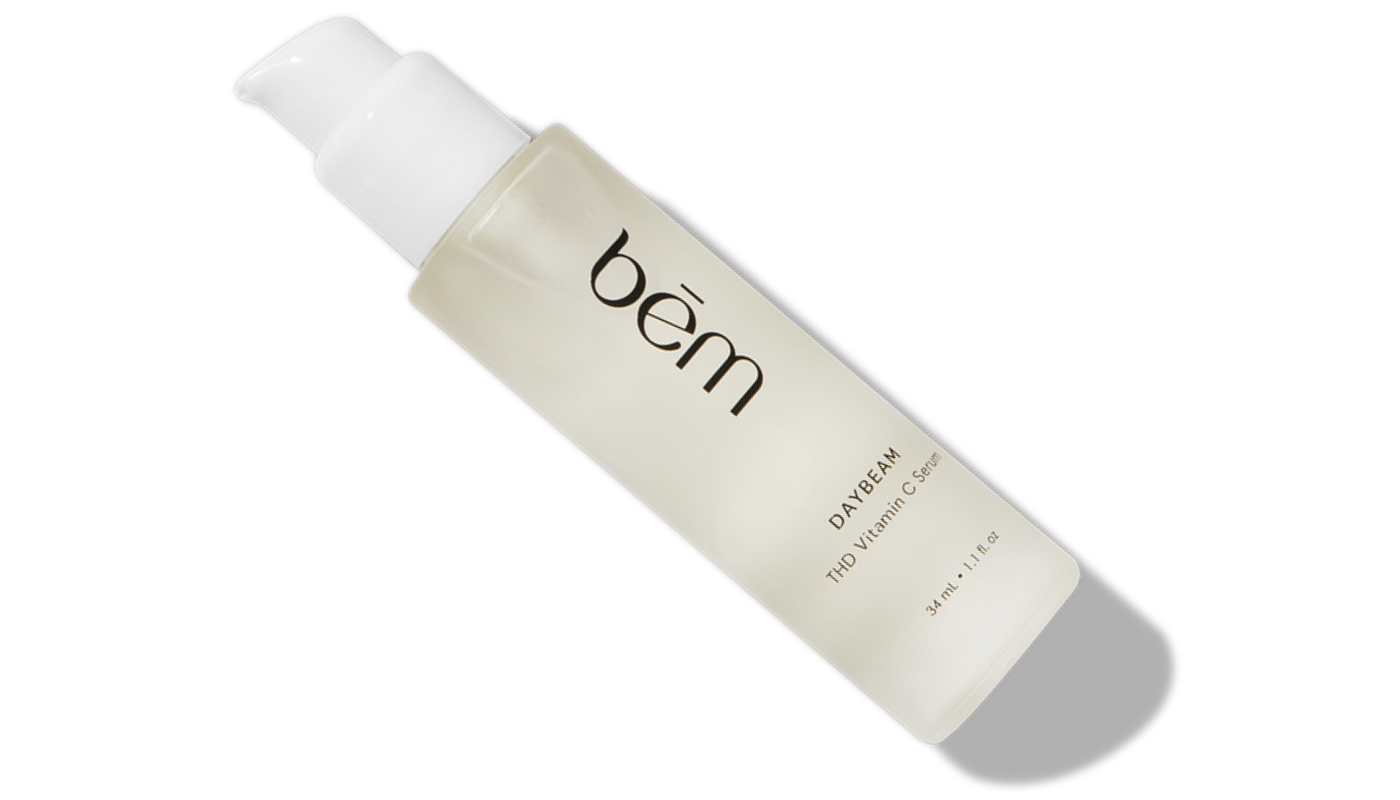 Bēm's Daybeam serum bottle on a neutral background