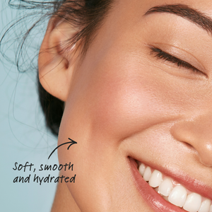 Close-up of a woman's face with text 'Soft, smooth and hydrated' on a light blue background
