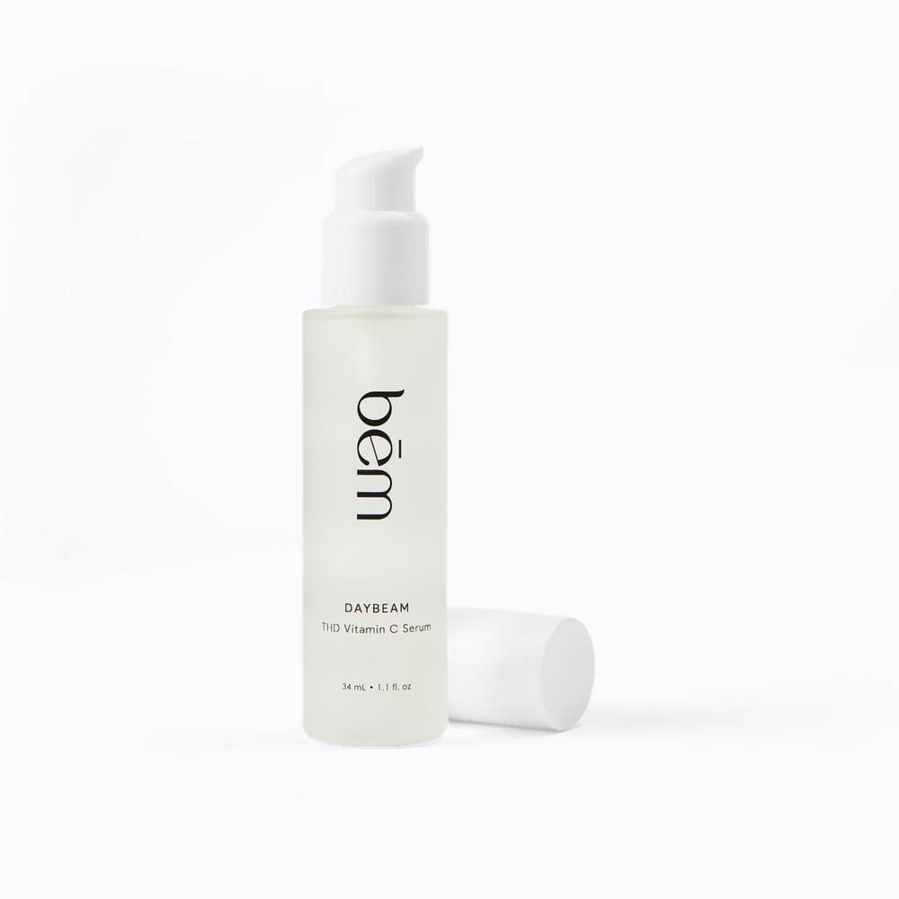 Bēm's Daybeam serum bottle on a neutral background