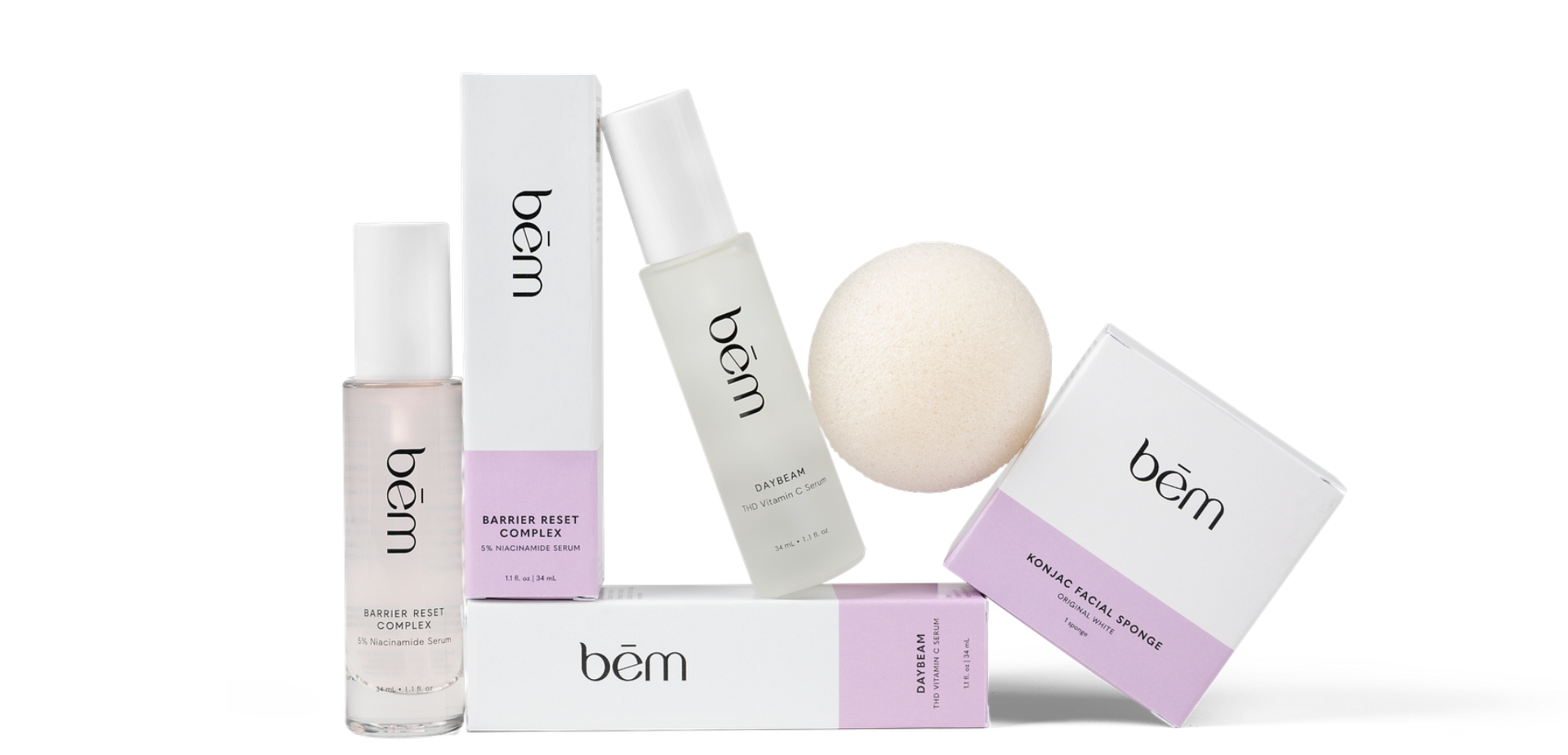 Bēm Skincare products including bottles and boxes on a white background