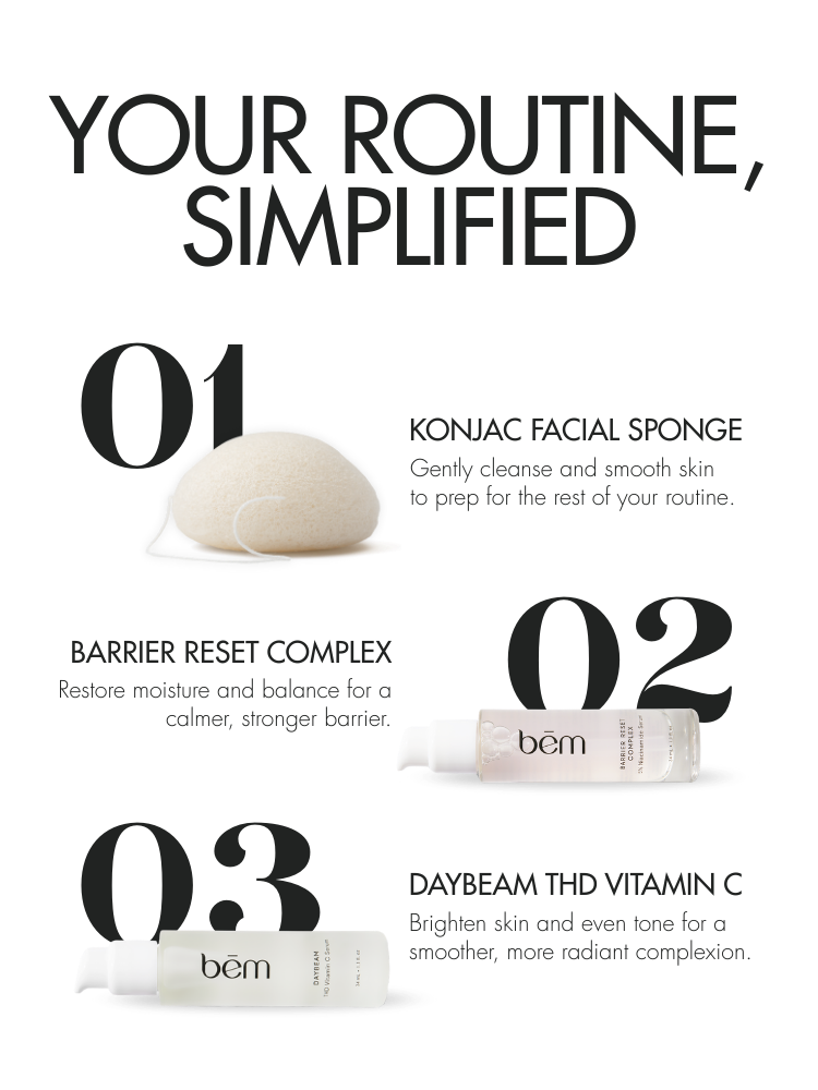 Facial sponge and 2 serum bottles with adjacent benefits text 