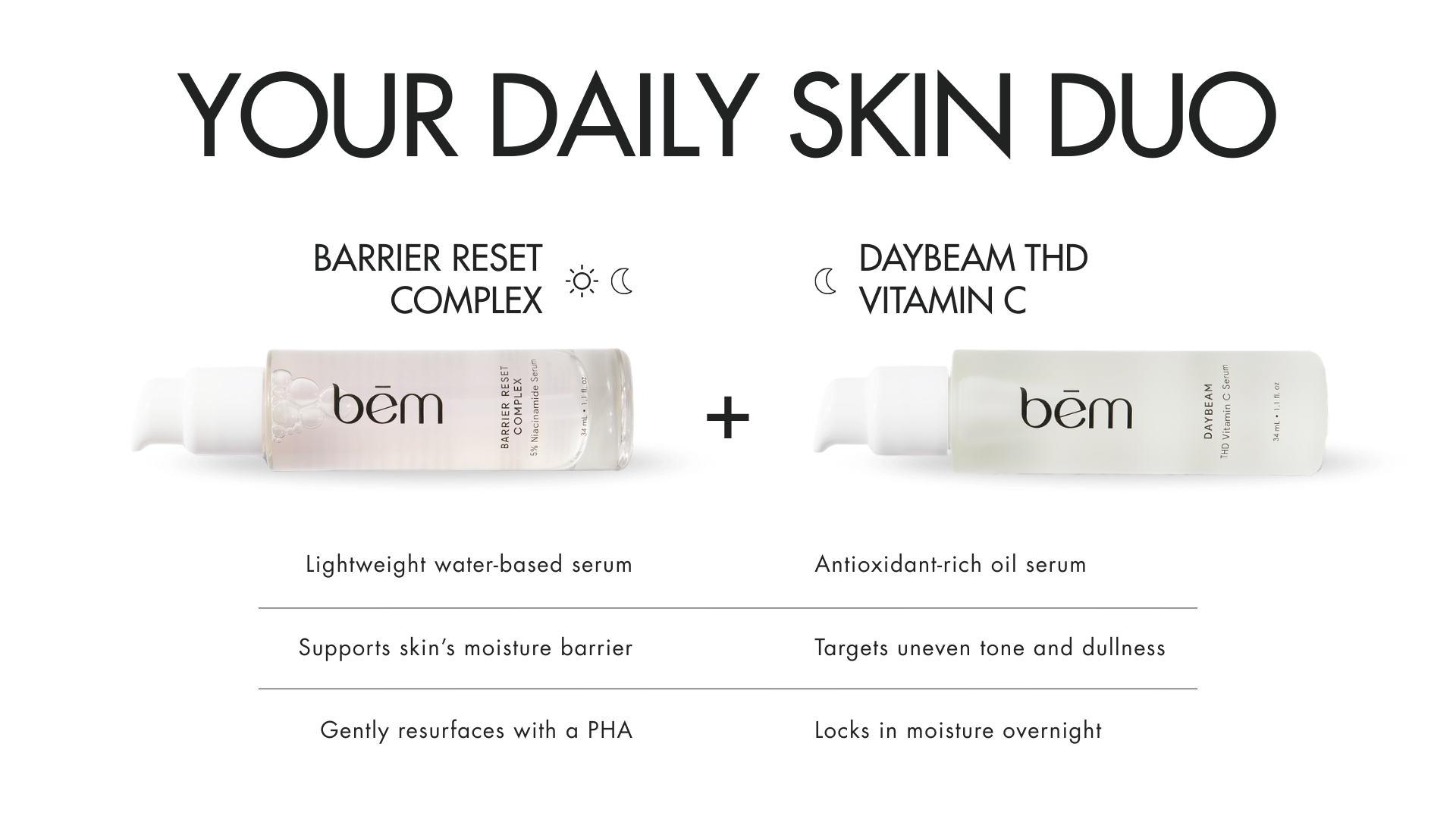 2 Bēm serum bottles with benefits text below
