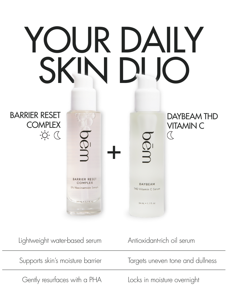 2 Bēm serum bottles with benefits text listed below