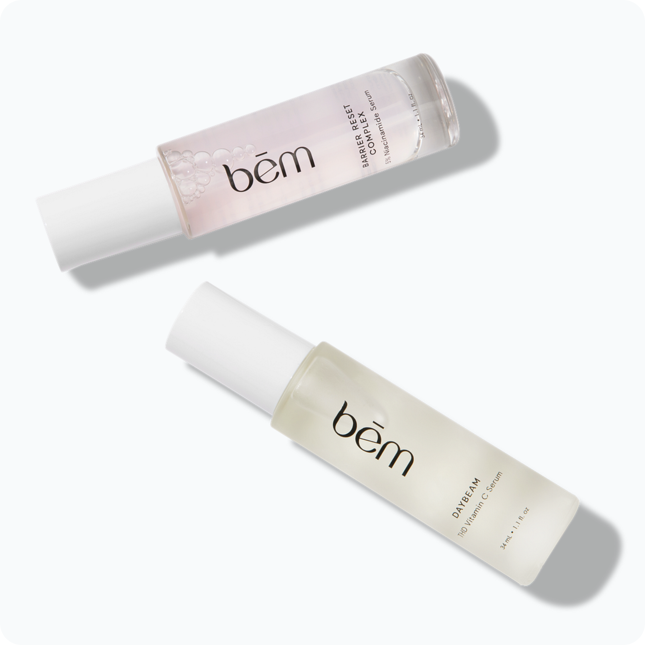 Two Bēm Skincare serum bottles with on a white background