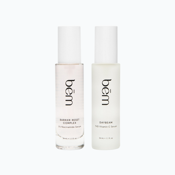 Two Bēm Skincare serum bottles on a neutral background
