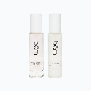 Two Bēm Skincare serum bottles on a neutral background