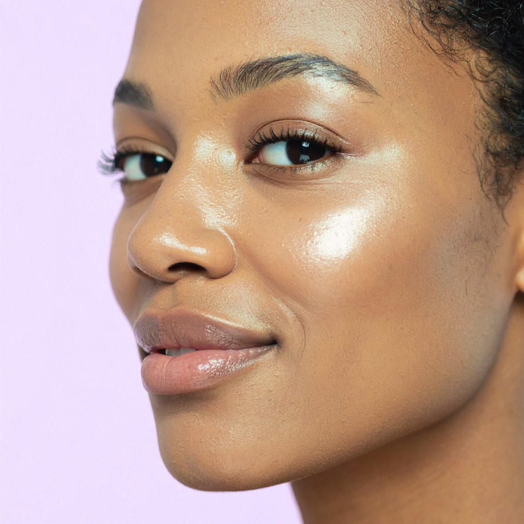 Close-up of a woman's face with a soft smile on a light purple background